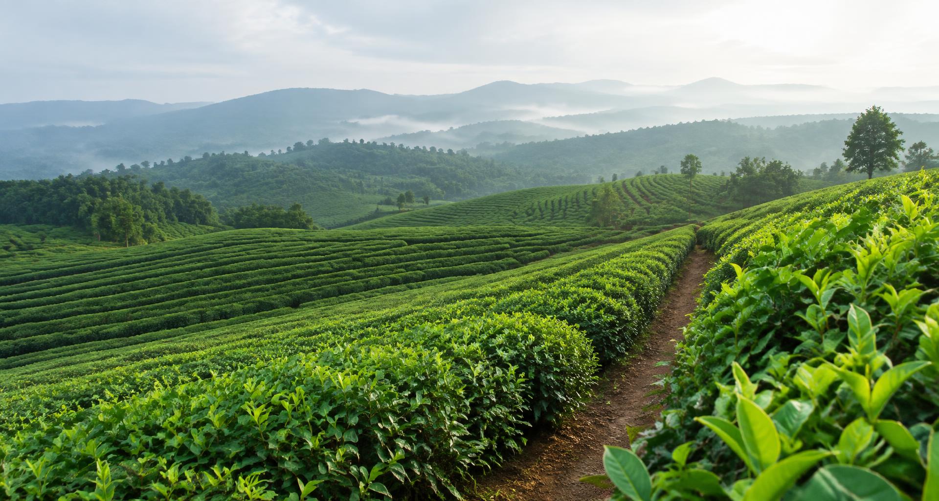 Lush green plantation rows across rolling agricultural hills